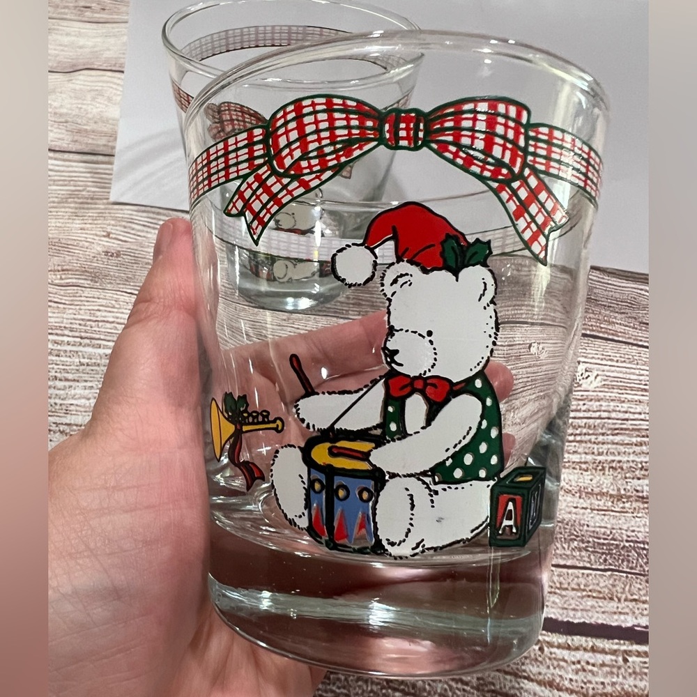 2 Anchor Hocking Christmas Memories Teddy Bear Old Fashioned Glass Tumbler Plaid
